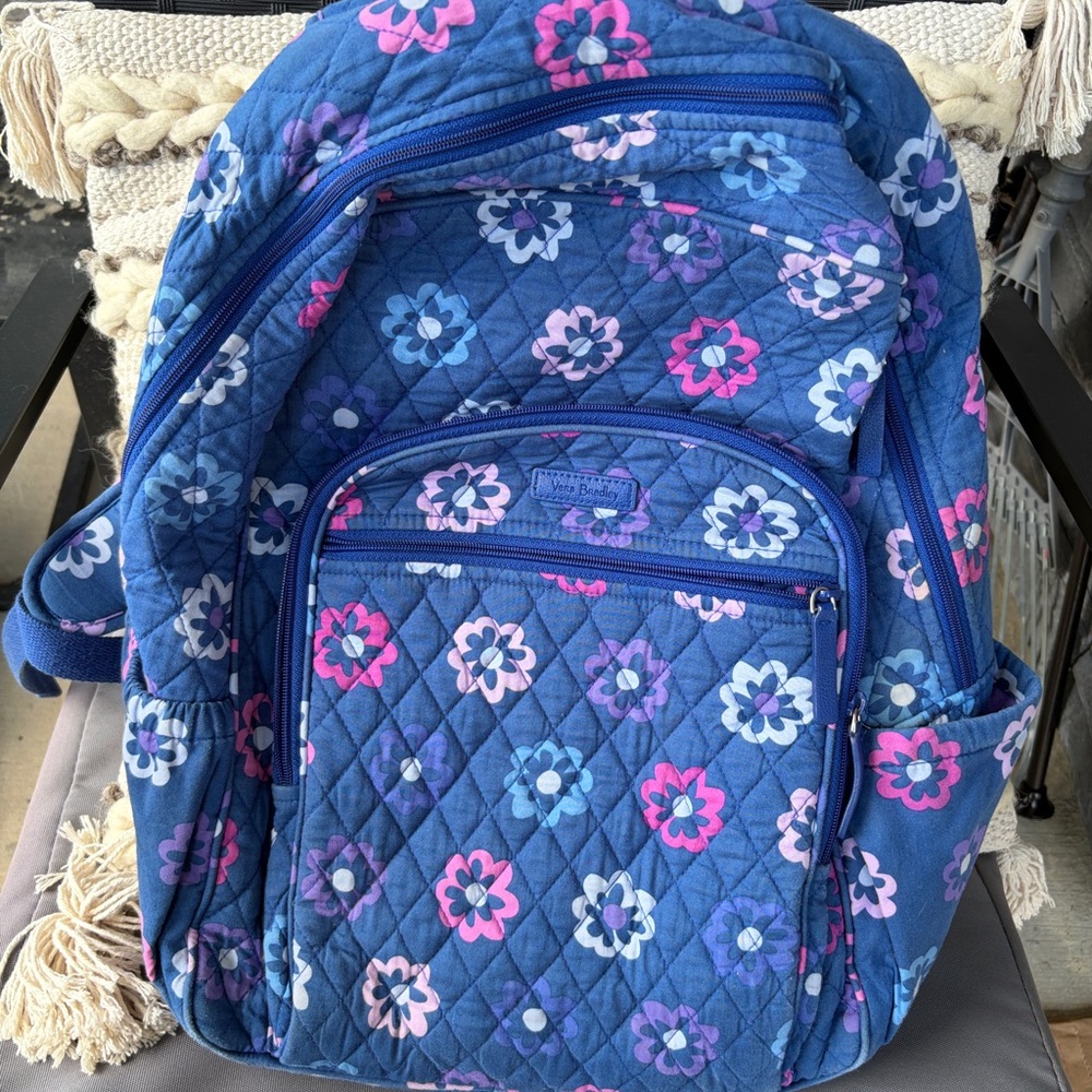 Vera Bradley Quilted Blue Backpack with Pink, Purple & White Floral Print